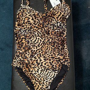 $118 Calvin Klein Leopard-Print Tummy-Control One-Piece Brown Size 12 NWT
